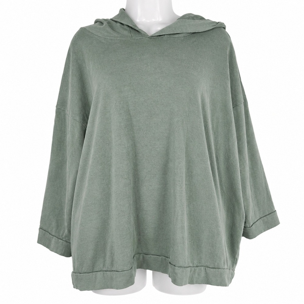 Bryn Walker Hoodie Women Top XS Green Cotton Oversized Lagenlook Pullover Casual
